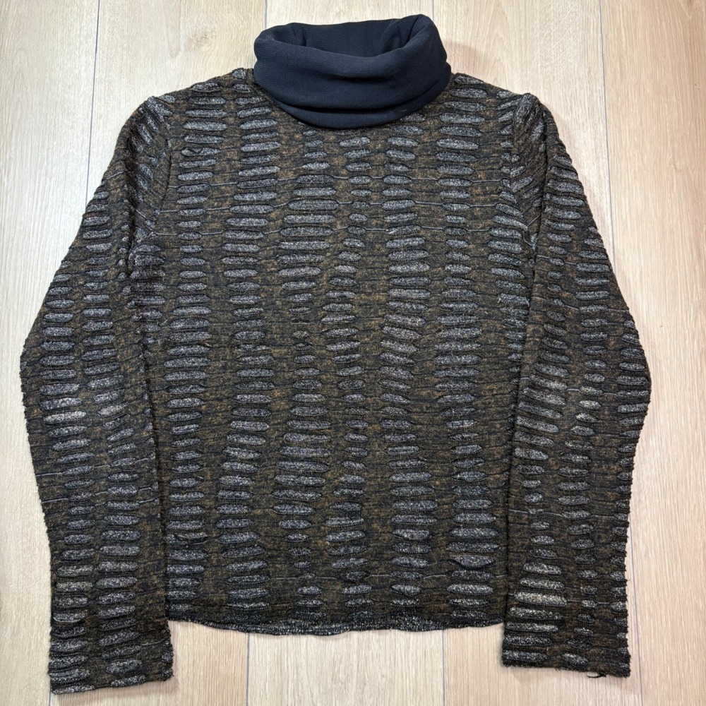 Alberto Makali Womens Cowl Neck Metallic Bubble Knit Top Bronze Black Large